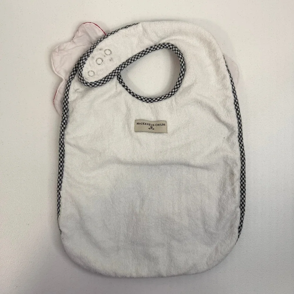 Mackenzie-Childs Hedgehog Boat Baby Bib Blue Terry Cloth Petal Collar Check Trim